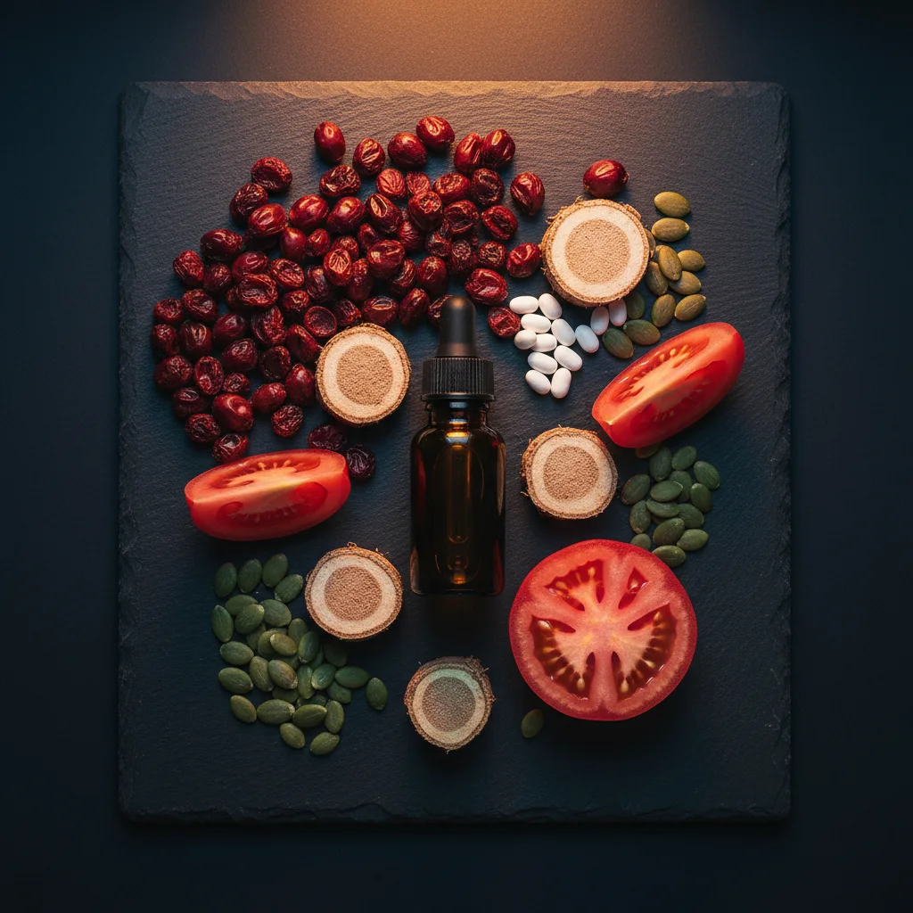 Flat-lay of Alpha Drive natural ingredients: saw palmetto berries, nettle root, tomatoes, pumpkin seeds and zinc pellets on a dark surface