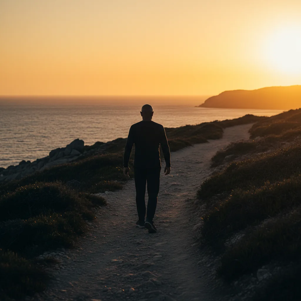 Silhouette of a mature man walking on a coastal path at golden hour, active men's wellness lifestyle