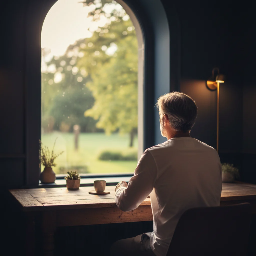 Anonymous man looking out at a green park from a desk, morning wellness routine
