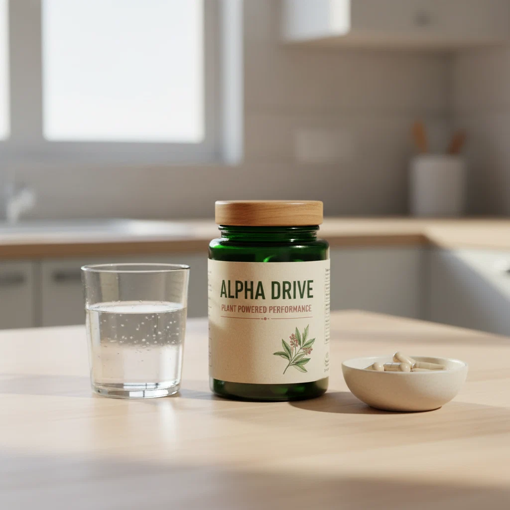 Alpha Drive bottle with botanical ingredients on a dark slate surface