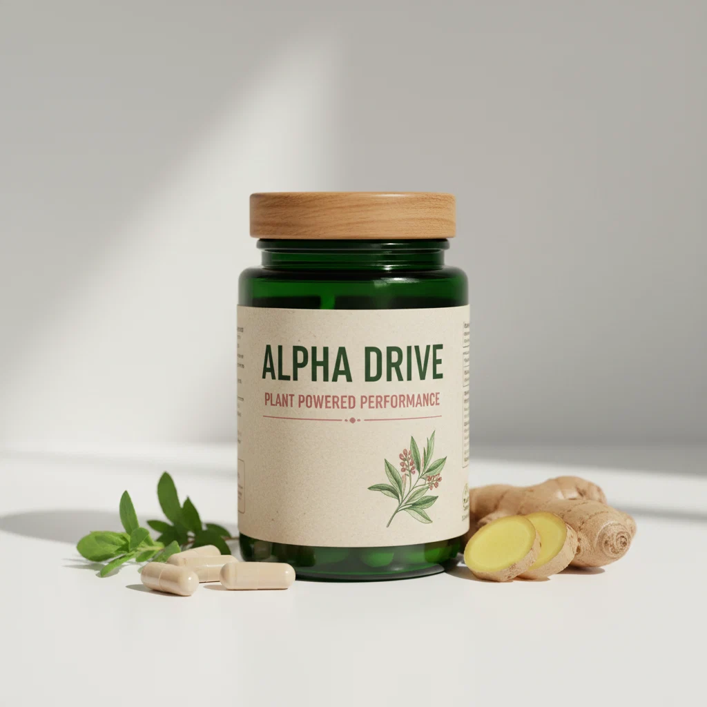 Alpha Drive supplement bottle, dark navy with gold label
